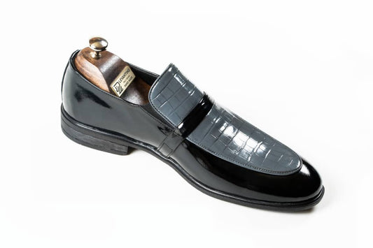 Black-Gray Leather Bit Loafer Shoes