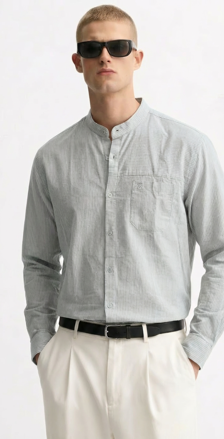 Men’s Striped Mandarin Collar Long Sleeve Shirt