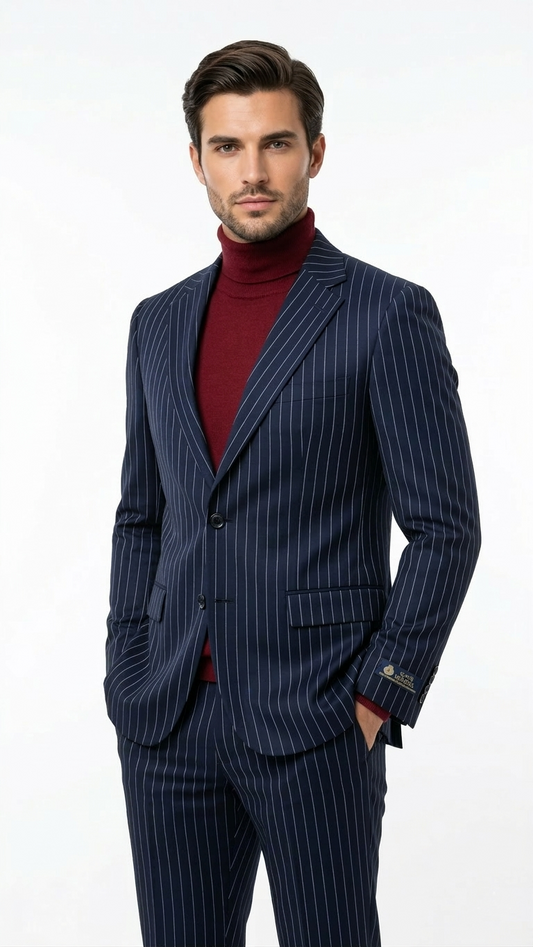 Navy Striped Wool Suit 3PC for Men