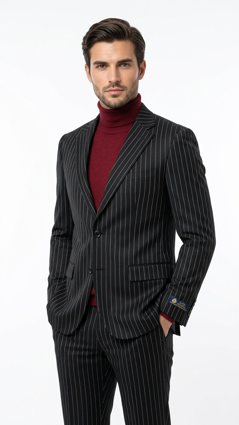 Black Striped Wool Suit 3PC for Men