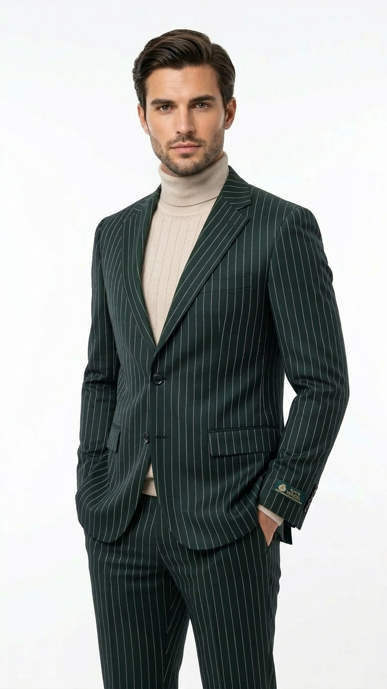 Dark Green Striped Wool Suit 3PC for Men
