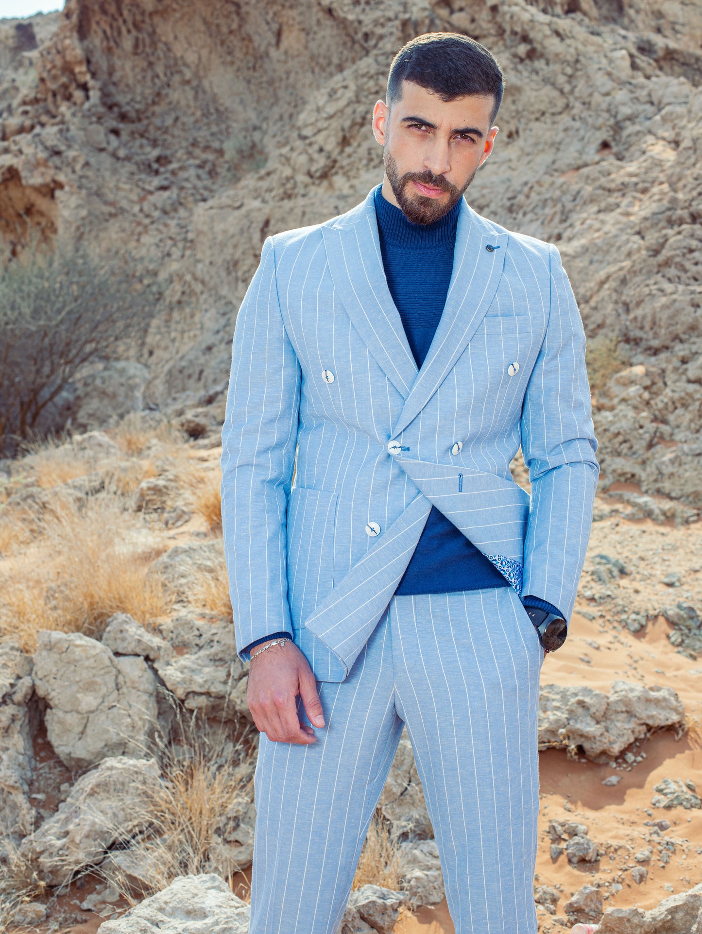 Men's Striped Double-Breasted Suit, Italian Fit