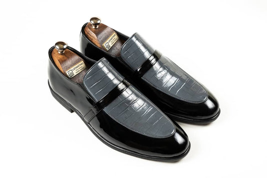 Black-Gray Leather Bit Loafer Shoes