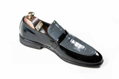 Black-Gray Leather Bit Loafer Shoes