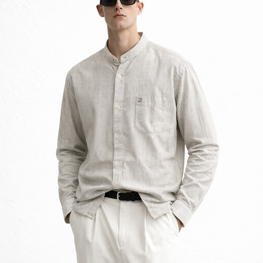 Men’s Striped Mandarin Collar Long Sleeve Shirt