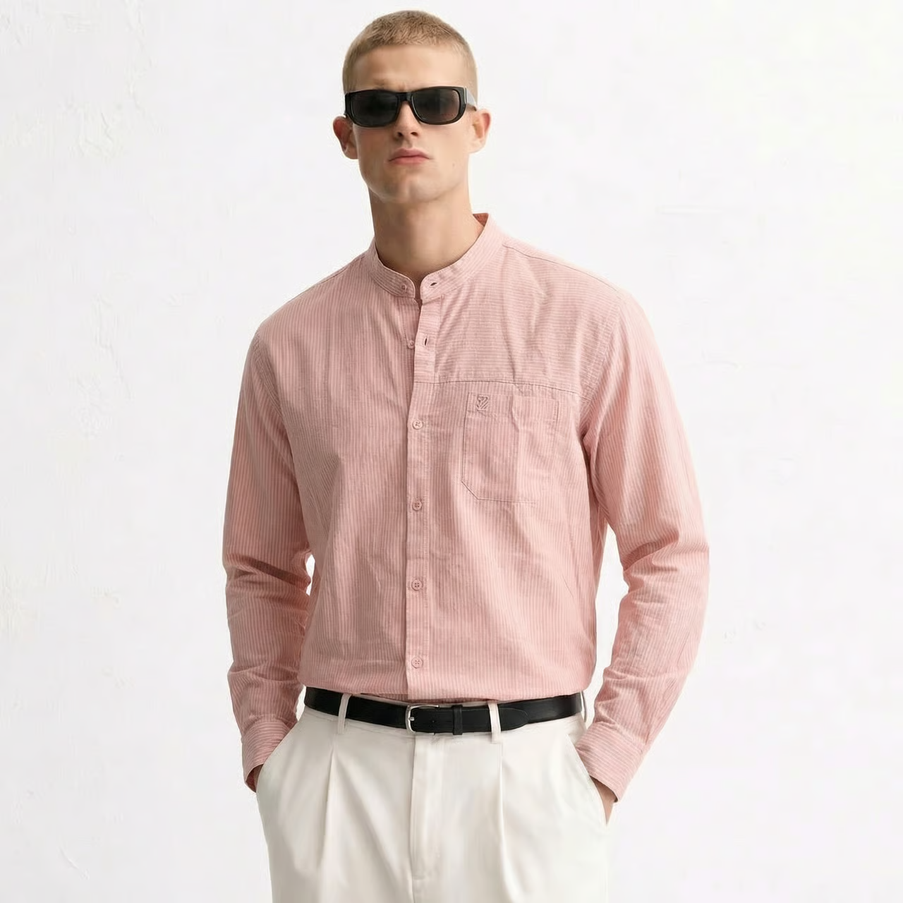 Men’s Striped Mandarin Collar Long Sleeve Shirt