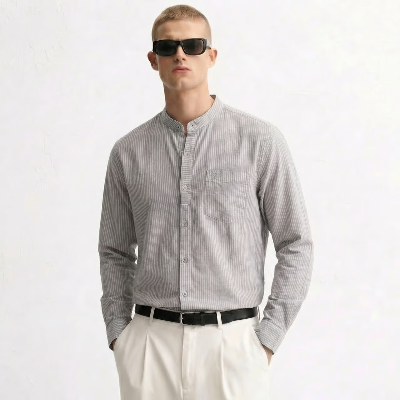 Men’s Striped Mandarin Collar Long Sleeve Shirt